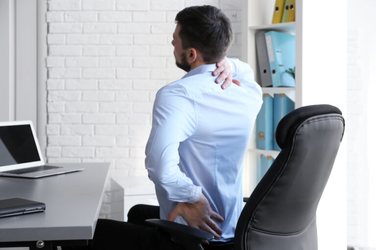 Posture,Concept.,Man,Suffering,From,Back,Pain,While,Working,With