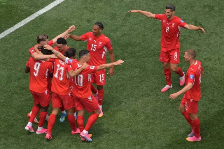 Switzerland players celebrate during their 4-1 victory over Bosnia and Herzegovina in a FIFA World Cup qualifier.